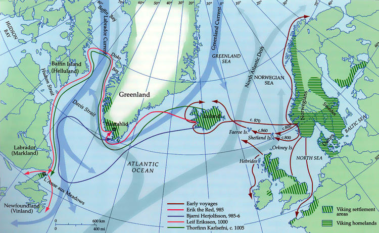 Современная карта, на которой отмечено вероятное расположение Винланда, а также Хеллуланда и Маркланда