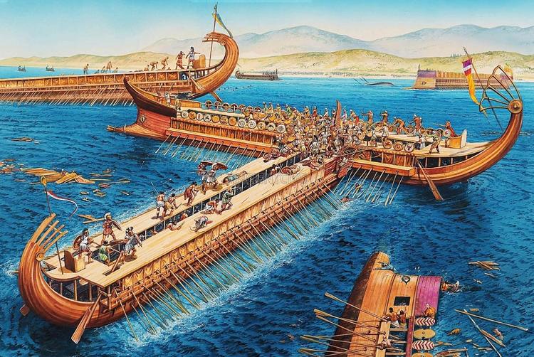 Морская битва греков и персов: греки таранят корабль противников