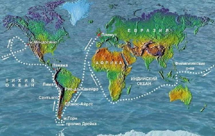 Маршрут кругосветного путешествия Дрейка на карте