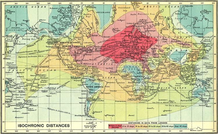 Карта 1914 года показывает, за сколько времени можно было добраться из Лондона в разные части света