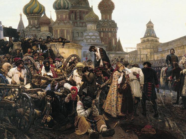 Знаменитая картина Василия Сурикова «Утро стрелецкой казни»: Пётр изображён в правой части полотна, на коне