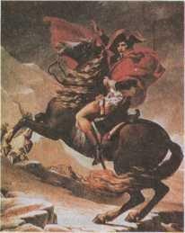 Наполеон на Сен-Бернарском перевале, 1801. Жак Луи Давид. Картина написана по заказу императора, исполнена с живописным блеском, но холодная и напыщенная. Образ Наполеона идеализирован