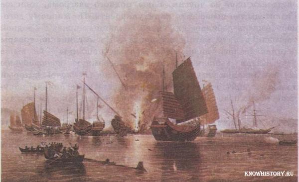 Британский корабль обстреливает китайские джонки