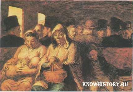 В вагоне третьего класса, 1862. О. Домье (1808—1879). Один из наиболее оригинальных художников своего времени. Бальзак сравнивал его с Микеланджело. Однако известность Домье принесла его политическая карикатура. «В вагоне третьего класса» представлен неидеализированный образ рабочего класса