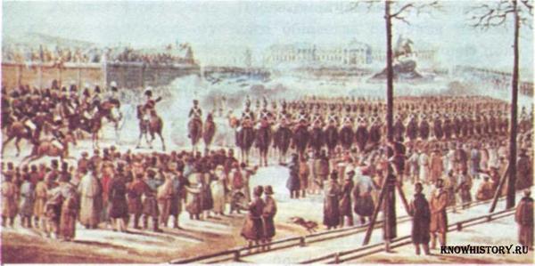 Восстание 14 декабря 1825 г. на Сенатской площади в Петербурге. Художник К. Кольман