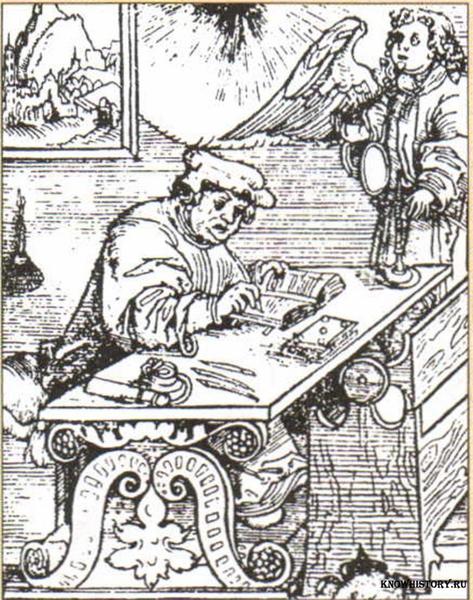 Мартин Лютер за переводом Библии в замке в Вартбурге. Гравюра. 1530 г.