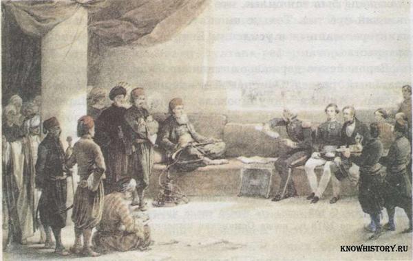 Мохаммед Али-паша беседует с английским и французским военными советниками, которые находились у него на службе