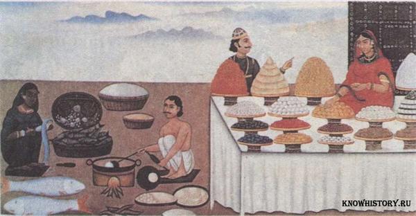 Индийское искусство: «Два продавца со своими изделиями — рыбой и сладостями». 