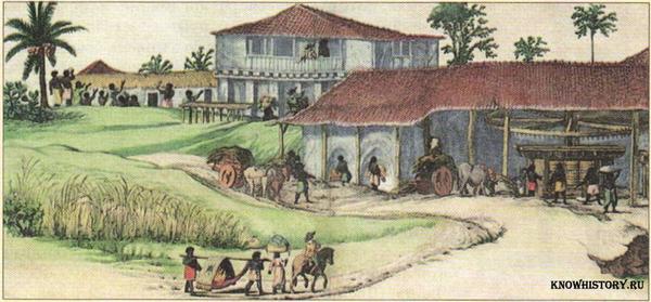 Фабрика по производству сахара в Бразилии. Изображение XVII в.