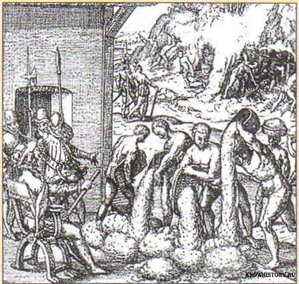 Индейские и африканские рабы в испанской шахте. Гравюра XVII в.