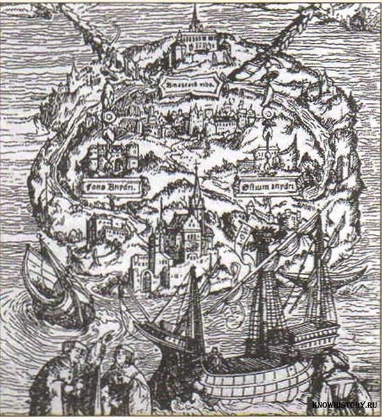 Карта острова «Утопия», который посещает один из героев Т. Мора. Гравюра XVI в.