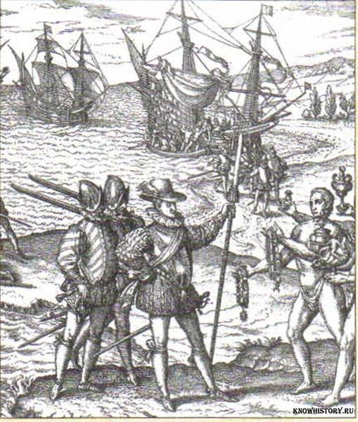 Колумб объявляет о. Сан-Сальвадор владением Испании. Гравюра XVI в.